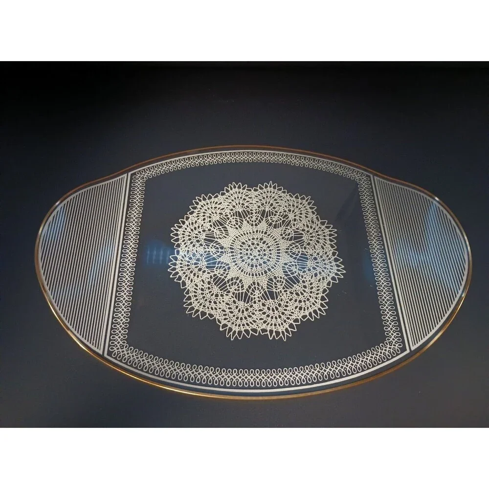 Vintage Glass Vanity Tray Oval White Doily Gold Rim